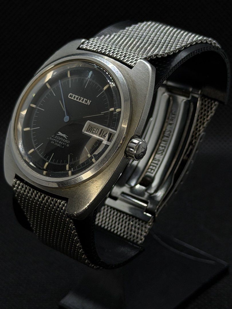 [1971] Vintage Citizen Leopard Super Beat 8 (Category: Men's Watches) located in San Jose. Submitted by midnightwatchersph (Listing ID 1469569742, Image 2). Description: [1971] Vintage Citizen Leopard Super Beat 8 4-720539Y Black Dial Citizen automatic movement (28,800 bps) Original head Original bracelet (Period correct) 37 mm case size (excluding crown) Collector’s timepiece. ✨ 9.5/10 condition 💸PRICE: 8,600.