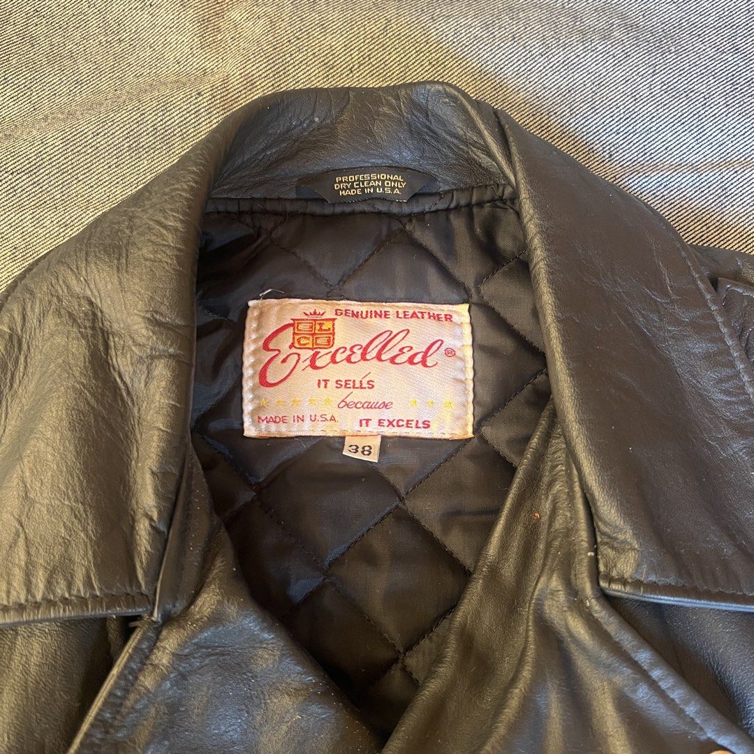 1980s Excelled Cowhide Leather Biker Jacket (Category: Coats, Jackets and Outerwear) located in Manila. Submitted by minsanseller_madalasbuyer (Listing ID 1469428255, Image 3). Description: (Size 38 on tag) Chest - 21.5” Length - 24.5” Shoulder - 17.5” Sleeve - 24.5” - Heavy cowhide leather, quilted lining. - Personalized US Navy leather patch by previous owner. - Ideal main zipper, YKK sleeve zippers. - All hardware works. - Needs leather condit