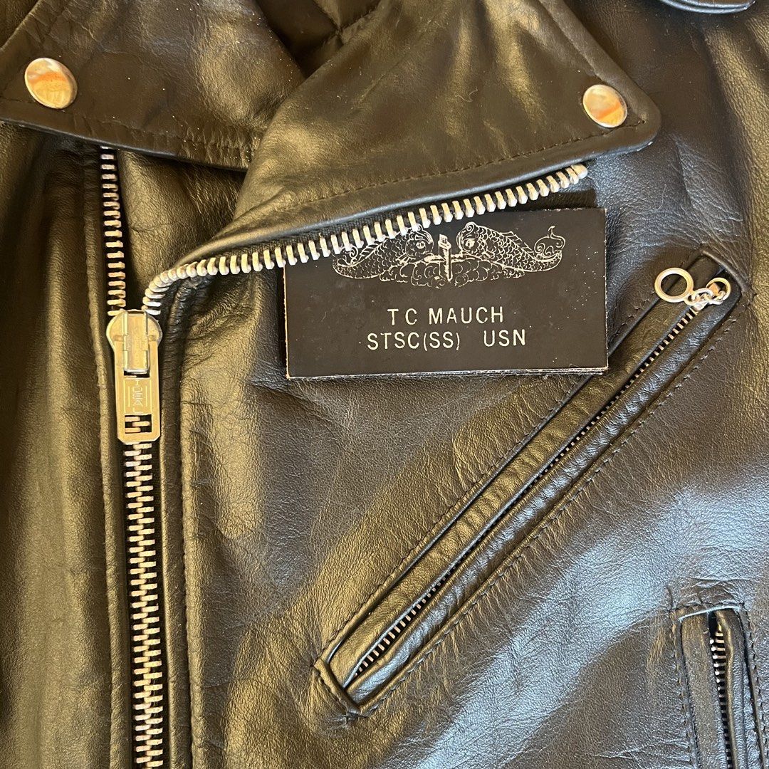 1980s Excelled Cowhide Leather Biker Jacket (Category: Coats, Jackets and Outerwear) located in Manila. Submitted by minsanseller_madalasbuyer (Listing ID 1469428255, Image 2). Description: (Size 38 on tag) Chest - 21.5” Length - 24.5” Shoulder - 17.5” Sleeve - 24.5” - Heavy cowhide leather, quilted lining. - Personalized US Navy leather patch by previous owner. - Ideal main zipper, YKK sleeve zippers. - All hardware works. - Needs leather condit