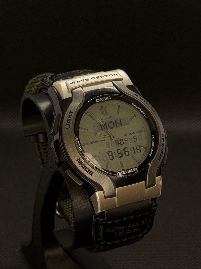 [1999] Casio Wave Ceptor Twincept Data Bank Watch (Category: Men's Watches) located in San Jose. Submitted by midnightwatchersph (Listing ID 1469569741, Image 2). Description: [1999] Vintage Casio Wave Ceptor WVA-200 Ana-Digi watch with floating LCD digital display Original head Comes with original strap and replacement strap 43 mm case size (excluding crown) Collector’s timepiece. ✨ 8.5/10 condition 💸PRICE: 4500.