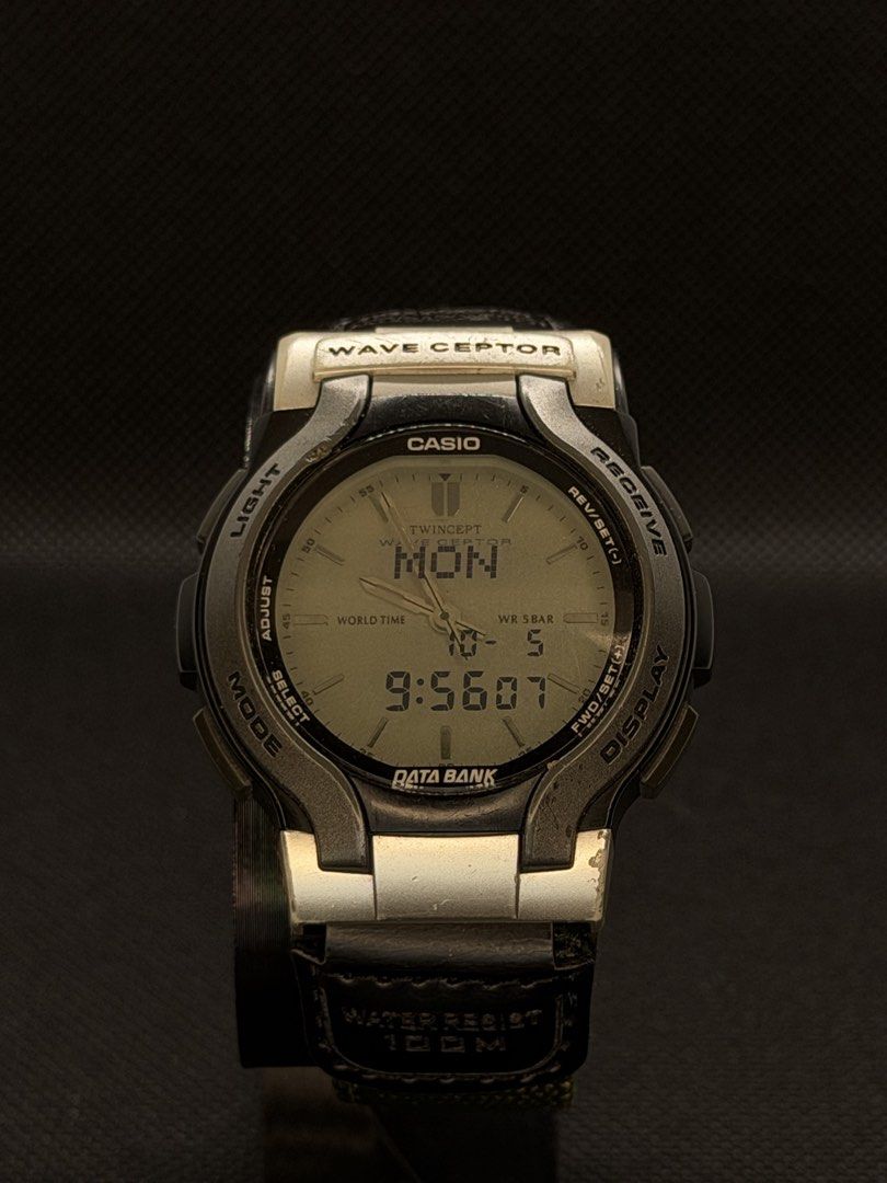 [1999] Casio Wave Ceptor Twincept Data Bank Watch (Category: Men's Watches) located in San Jose. Submitted by midnightwatchersph (Listing ID 1469569741, Image 1). Description: [1999] Vintage Casio Wave Ceptor WVA-200 Ana-Digi watch with floating LCD digital display Original head Comes with original strap and replacement strap 43 mm case size (excluding crown) Collector’s timepiece. ✨ 8.5/10 condition 💸PRICE: 4500.