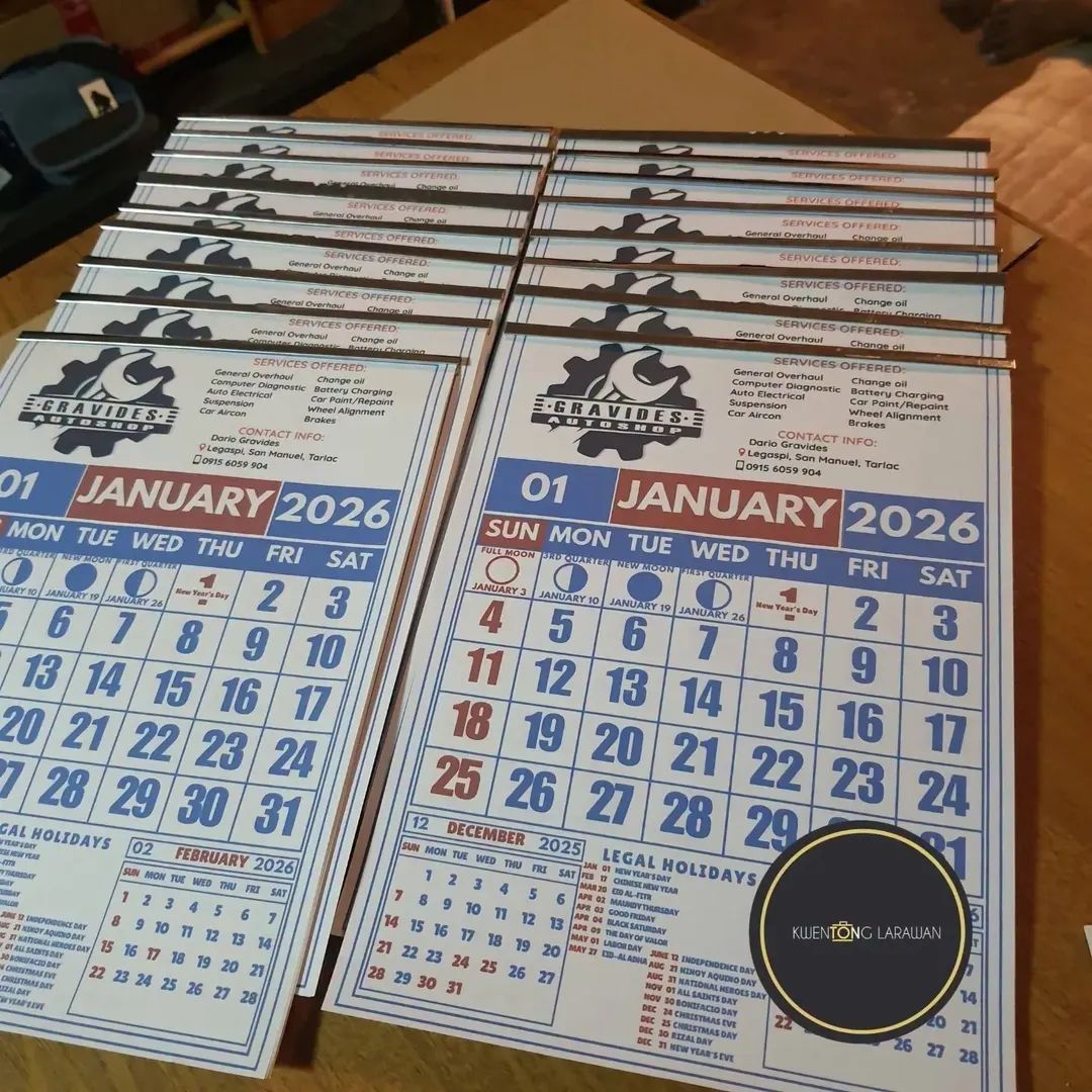 2027 Customized Wall Calendar Printing Bulk (Category: Art & Prints) located in Tarlac. Submitted by jajubells (Listing ID 1469410565, Image 2). Description: - Customized wall calendars ideal for shops and local businesses - Complete monthly grids starting January 2027 with Philippine legal and special non-working holidays - Personalized header area displaying contact details and services - Durable construction featuring a top metal binding clip 