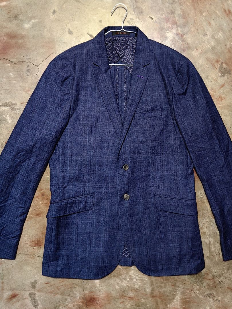 2 PCS TED Baker Navy Blue Suit Jacket/Coat (Category: Coats, Jackets and Outerwear) located in Tarlac. Submitted by jeremiah.curator.2026 (Listing ID 1469404537, Image 1). Description: - Brand/Model: Ted Baker Endurance Wool Blazer - Color/Pattern: Deep blue with a subtle check pattern - Size: 5 - Closure: Double button front with custom branded buttons and contrast stitching - Lining: Unique printed inner lining featuring a desert camel scene an