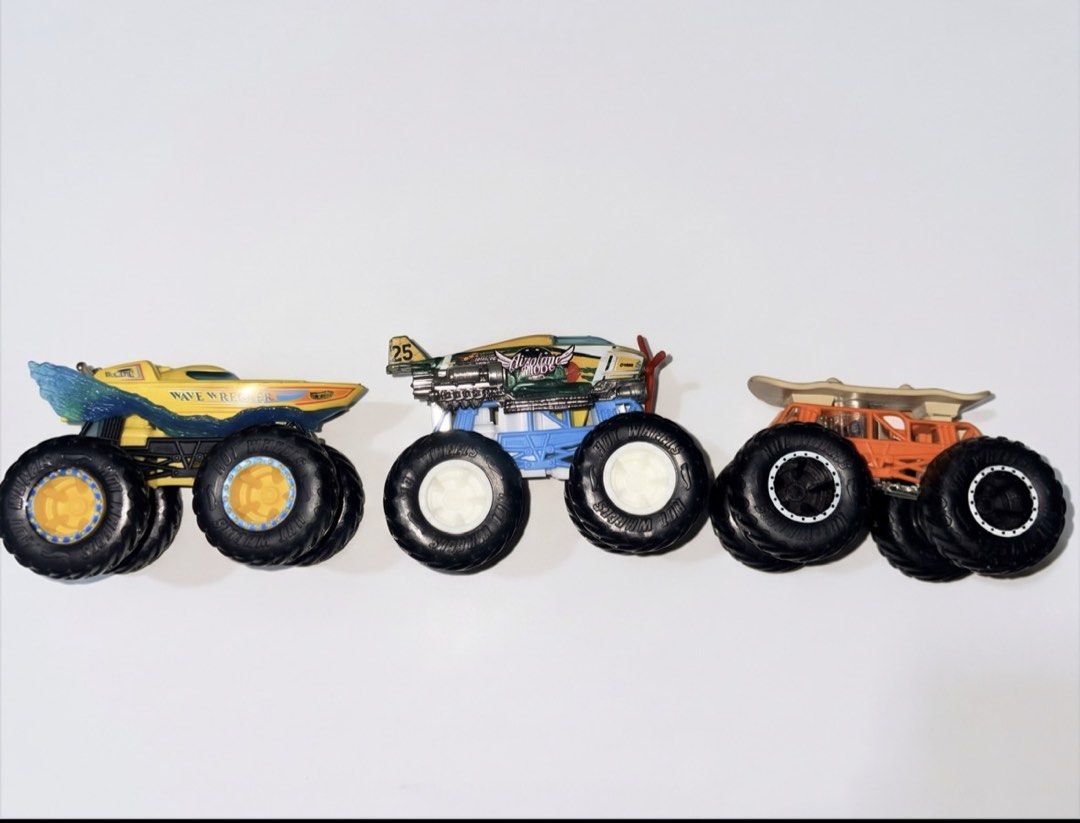 3 Hot wheels monster trucks (Category: Kids Toys) located in Quezon City. Submitted by euphoria_mnl (Listing ID 1469463880, Image 2). Description: Hotwheels Monster Trucks - Board to be wild -Airplane Mode -Wave Wrecker Take all Flaw:missing skateboarder for board to be wild.