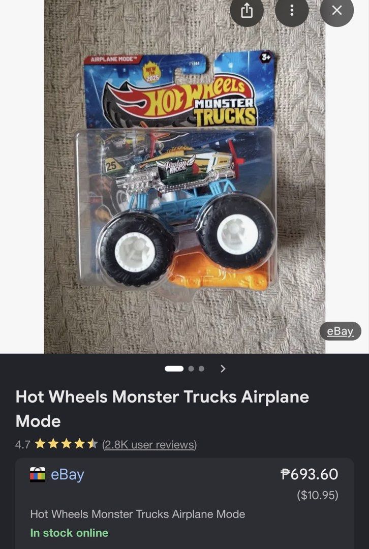 3 Hot wheels monster trucks (Category: Kids Toys) located in Quezon City. Submitted by euphoria_mnl (Listing ID 1469463880, Image 3). Description: Hotwheels Monster Trucks - Board to be wild -Airplane Mode -Wave Wrecker Take all Flaw:missing skateboarder for board to be wild.