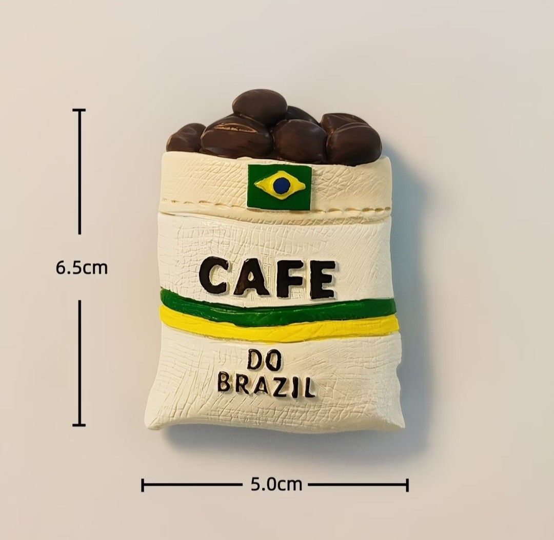3D Brazil Coffee Bean Fridge Magnet (Category: Vintage Collectibles) located in Pasig City. Submitted by swipeandpicks (Listing ID 1469505791, Image 2). Description: • Design: Brazilian Coffee Sack / Burlap Bag with Coffee Beans • Material: High-quality, durable Resin with a strong magnetic base • Finish: Textured, 3D stereoscopic details with hand-painted colors • Color: Off-white/cream bag with brown coffee beans, accented with green and yellow