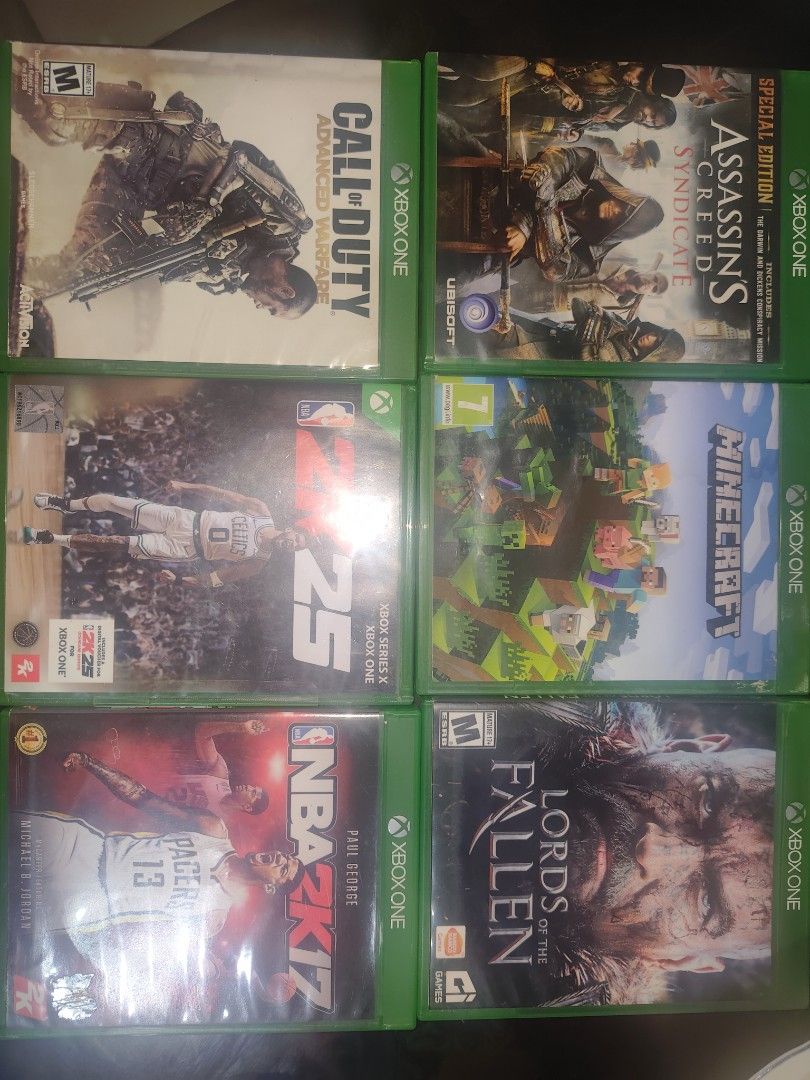 for take all only paang 350 each Xbox One Games (Category: Xbox) located in Manila. Submitted by adr14nbati25392 (Listing ID 1469475986, Image 1). Description: - Xbox One game bundle (6 physical discs with original cases) - Included titles: Assassin's Creed Syndicate, Minecraft, Lords of the Fallen, Call of Duty Advanced Warfare, NBA 2K25, and NBA 2K17 - Perfect mix of action, shooter, and sports genres - Selling as a set only - Send a message fo