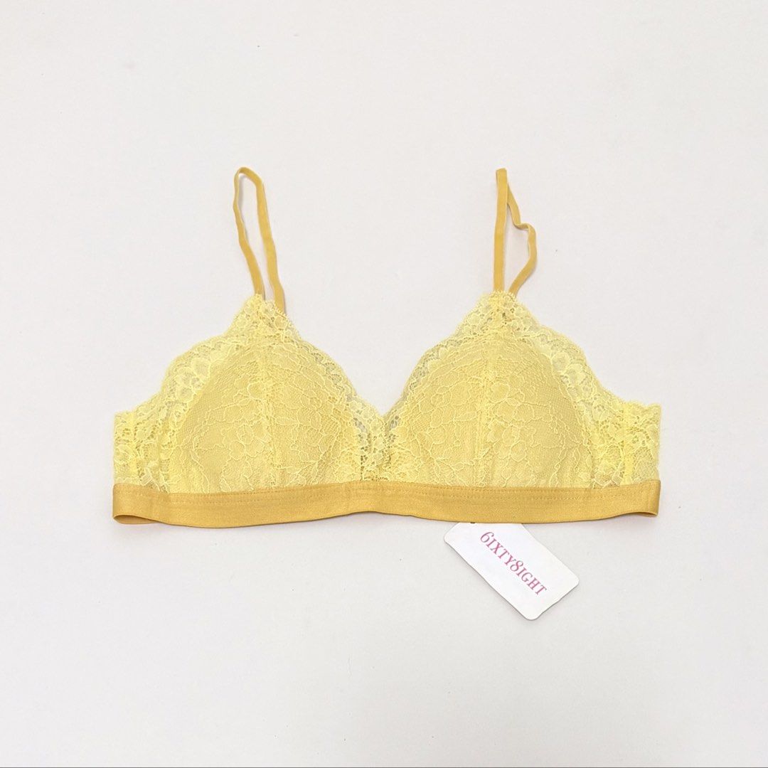 BNEW 6IXTY 8IGHT Yellow Lace Triangle Bra [M] (Category: Undergarments & Loungewear) located in Malabon City. Submitted by k_intimates (Listing ID 1469557645, Image 1). Description: Details: • Size M 34A / wireless / lightly lined • Brandnew • Yellow lace triangle bralette with thin adjustable straps and a solid underband.