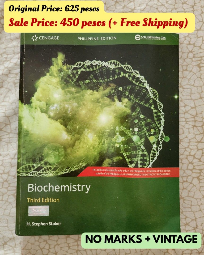 🧪 Biochemistry by H. Stephen Stoker 📚 (Category: Textbooks) located in Manila. Submitted by cozycloud.collection (Listing ID 1469486959, Image 1). Description: 📖 NURSING / NURSE Book Details: • 3rd Edition • Author: H. Stephen Stoker • Condition: No markings, vintage copy 🌿 💸 Price Details Original Price: ₱625 Selling Price: ₱400 only! 🛍️ ‼️ FREE SHIPPING ‼️ 🎁 SPECIAL PROMO! Your purchase comes with BONUS ACCESS TO SOFTCOPY REVIEWERS FOR T