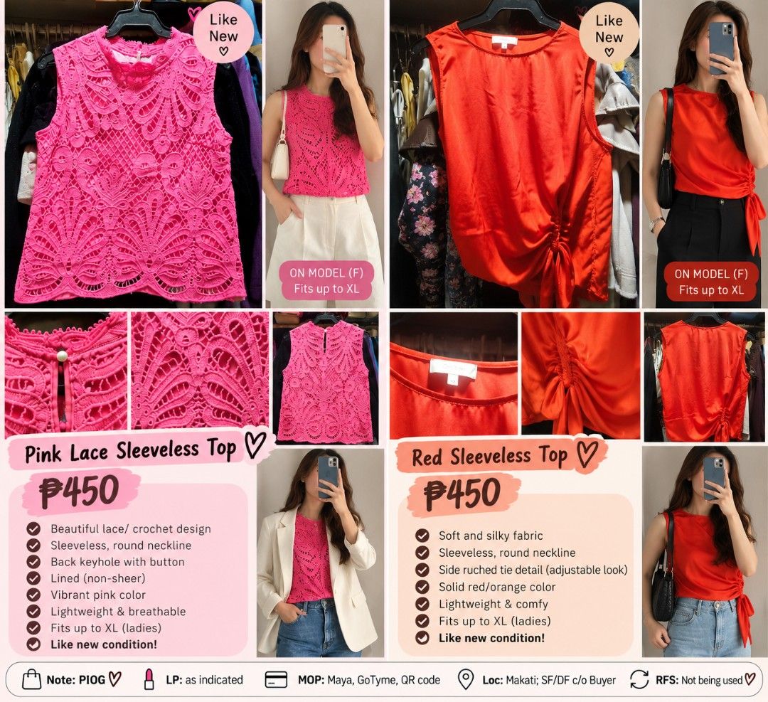 💕 PRELOVED SLEEVELESS BLOUSES — BOTH LIKE NEW! 💕 (Category: Sleeveless) located in Manila. Submitted by smartluxeph (Listing ID 1469498159, Image 1). Description: 💕 PRELOVED BLOUSES — BOTH LIKE NEW! 💕 💗 PINK LACE SLEEVELESS TOP — ₱450 Beautiful intricate crochet lace design, lined, with back button detail. Feminine, classy, and easy to dress up or down! ❤️ RED-ORANGE SLEEVELESS TOP — ₱450 Silky, flowy fabric with stylish side ruching and tie