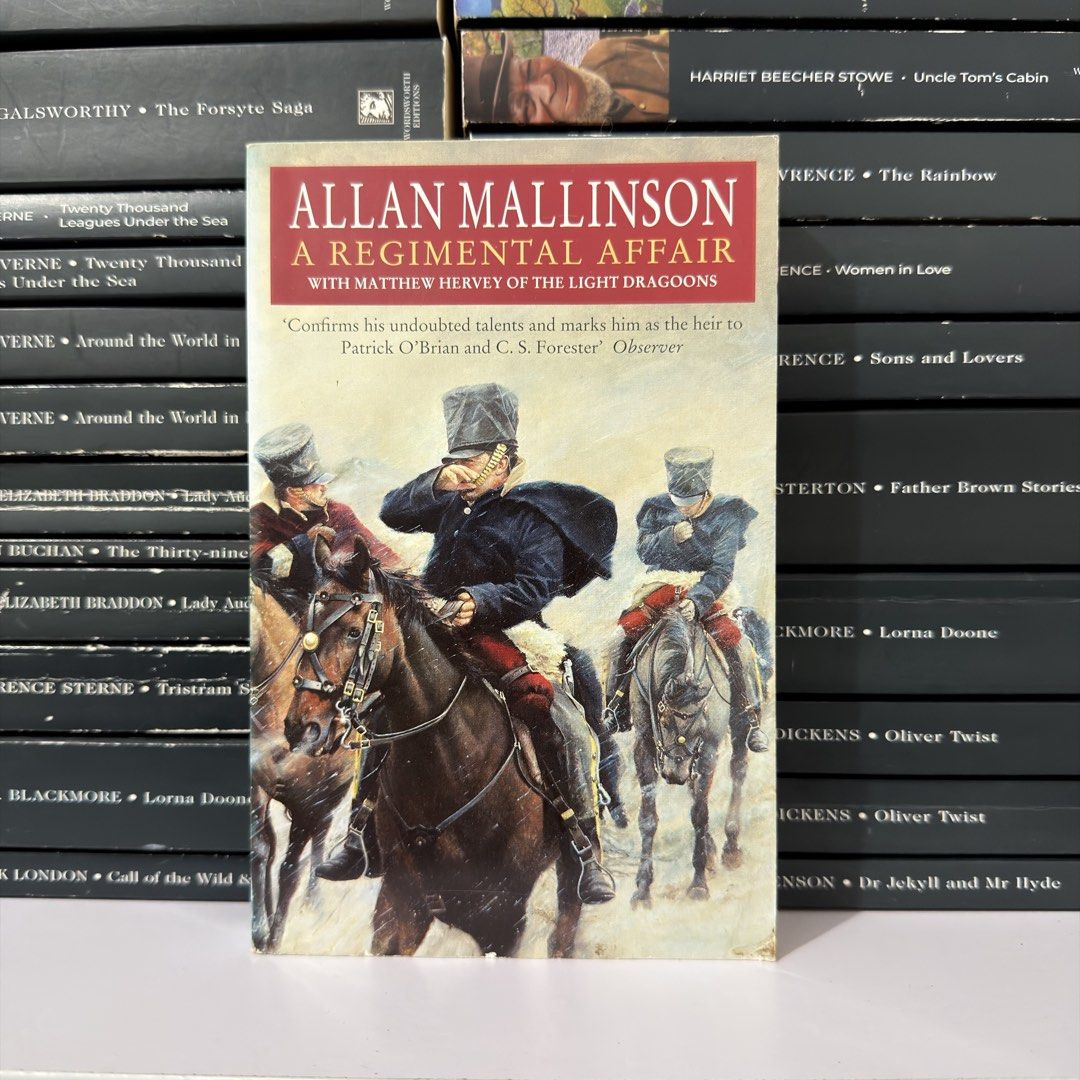 A Regimental Affair by Allan Mallinson (Category: Storybooks) located in Lingayen. Submitted by readwjane (Listing ID 1469472712, Image 1). Description: - Title: A Regimental Affair by Allan Mallinson - Series/Character: Featuring Matthew Hervey of the Light Dragoons - Genre: Historical fiction / military adventure paperback - Cover: Features a classic cavalry illustration - Condition: Good, properly stored on a bookshelf.