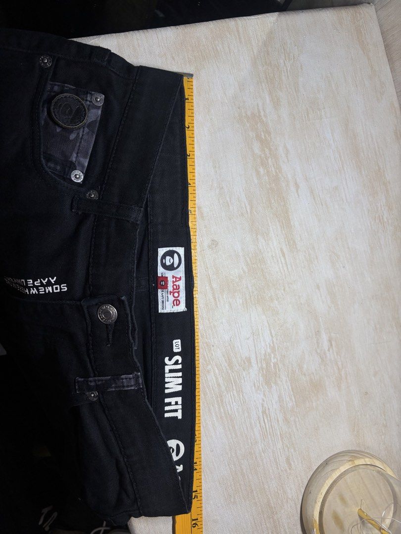AAPE BLACK DENIM PANTS (Category: Jeans) located in Cabuyao City. Submitted by pormanation-thrift-store (Listing ID 1469469887, Image 2). Description: AAPE BLACK DENIM PANTS Condition: EXCELLENT Color rate: 9.5/10 Size: 30 Dimes: 31”Wx39”L Issue: NONE✅ Price: 1700 .