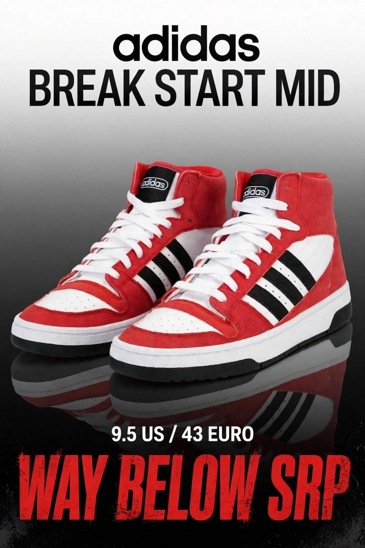 Adidas Break Start Mid Red Black White Sneakers (Category: Casual Shoes) located in San Pedro. Submitted by dimes.kicks26 (Listing ID 1469569656, Image 2). Description: Adidas Break Start Mid basketball shoes in red, white, and black colorway. Mid-top silhouette with classic three stripes and perforated toe box. Size US 9.5, Euro 43 1/3, UK 9. Original box included with visible tags and barcode. Clean soles and crisp uppers..
