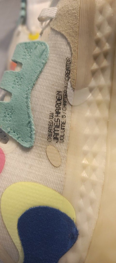 Adidas James Harden Vol. 5 Chapter 1 Creator (Category: Sneakers) located in San Fernando. Submitted by phavlo083023 (Listing ID 1469535741, Image 1). Description: - Model: Adidas James Harden Vol. 5 - Colorway: White base with pastel green, blue, pink, and yellow accents - Cushioning: Responsive BOOST cushioning for maximum comfort - Details: Vibrant lettering on the outsole, signature branding on the tongue pull tab, and unique synthetic overla