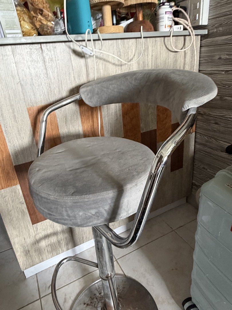 Adjustable Grey Velvet Bar Stool with Chrome Base (Category: Chairs) located in Quezon City. Submitted by saram881 (Listing ID 1469400869, Image 2). Description: - 4 pcs - Grey velvet bar stool with backrest - Adjustable height gas lift and smooth 360-degree swivel - Chrome armrests and base (please note: heavy visible oxidation and rust spots on the chrome finish) - Upholstery has generalt wear and major marks - 100% structurally sound and fully