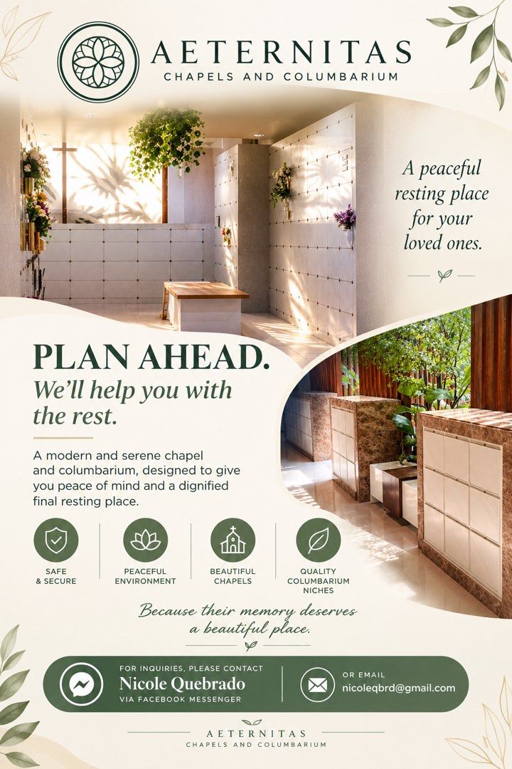 Aerternitas Columbarium (Category: Announcements) located in Caloocan City. Submitted by leanhaze2627 (Listing ID 1469519800, Image 1). Description: 💚 PREPARE TODAY, GIVE YOUR FAMILY PEACE OF MIND TOMORROW. 💚.