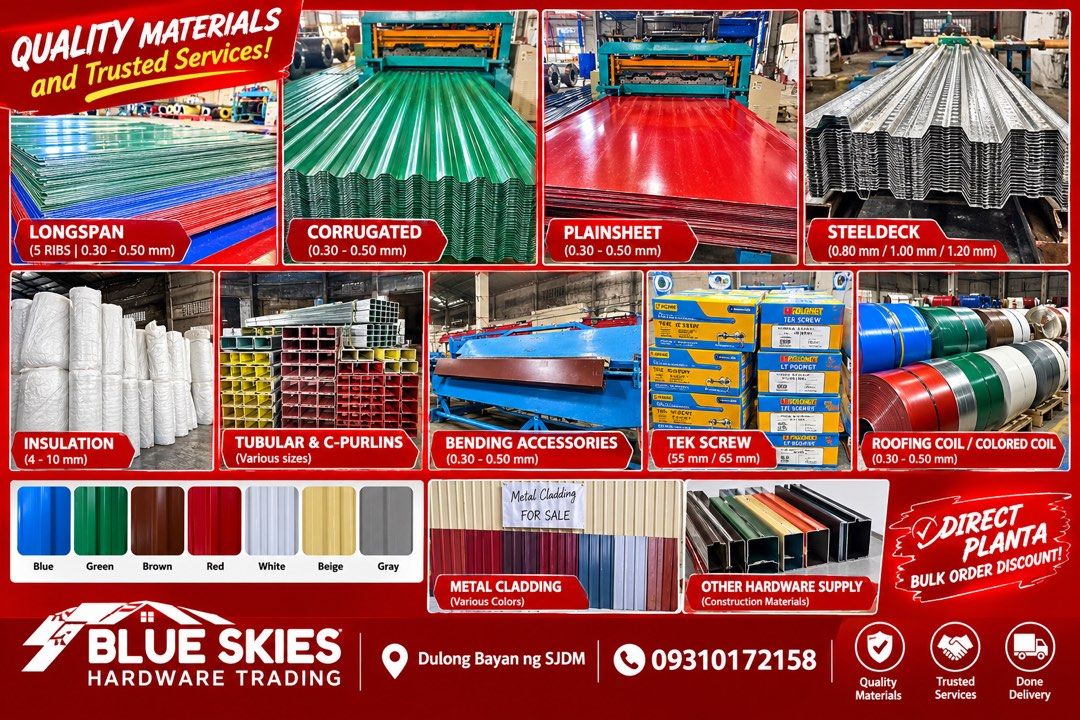 Affordable hardware materials (Category: Construction & Building Materials) located in Caloocan City. Submitted by skies_562 (Listing ID 1469471231, Image 1). Description: 🏠🔨 HANAP MO AY DE-KALIDAD NA ROOFING MATERIALS? NARITO NA! 🔨🏠 Sa BLUE SKIES HARDWARE TRADING, quality materials at trusted services ang aming maaasahan! 💯 ✅ Steeldeck & Insulation ✅ Tubular & C-Purlins ✅ Tek Screw, Metal Cladding & More! ✅ Bending Accessories & Roofing Coi