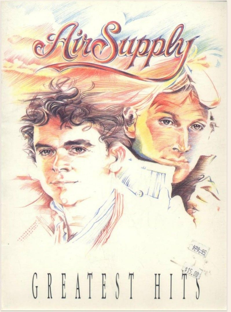 Air Supply Greatest Hits Vinyl LP Record (Category: Music Scores) located in Manila. Submitted by silentstone_b1af8fpiano (Listing ID 1469457778, Image 1). Description: - Classic 1980s soft rock band artwork: Air Supply Greatest Hits - Unique colored pencil drawing of Russell Hitchcock and Graham Russell - Vintage appeal featuring two original price stickers on the bottom right corner - Authentic retro condition with minor paper creases and natur