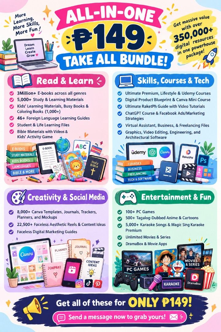 All-In-One Digital Product Resources (Category: Textbooks) located in Manila. Submitted by crafters0001 (Listing ID 1469457149, Image 1). Description: ✨ ALL-IN-ONE ₱149 TAKE ALL BUNDLE! ✨ ✅Get massive value with over 350,000+ digital resources in one powerhouse package! 🚀🎉 📚 Read & Learn - 📌 3Million+ E-books across all genres 📌5,000+ Study & Learning Materials 📌Kids’ Learning Materials, Busy Books & Coloring Books (1,000+) 📌46+ Foreign La