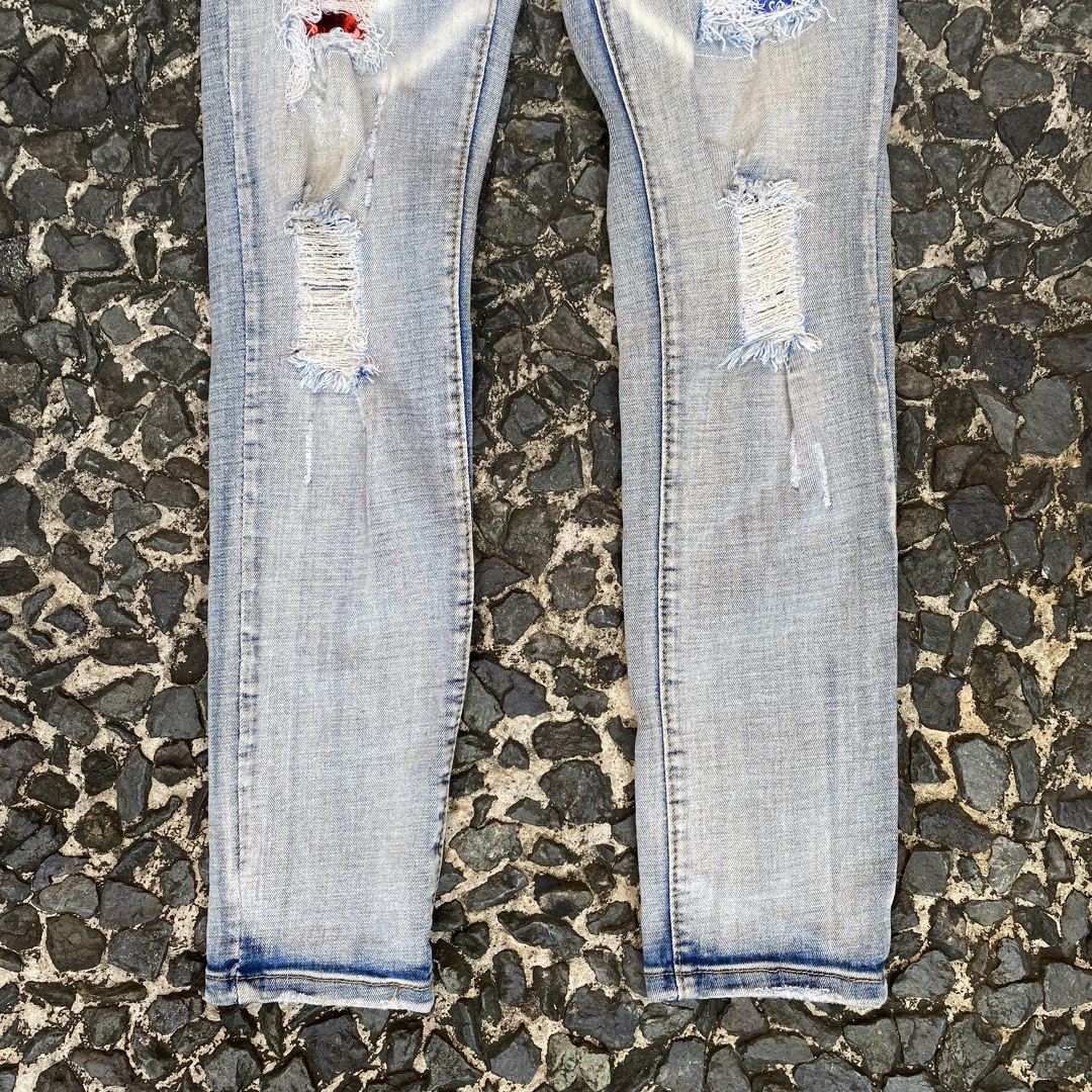 Amiri Distressed Jeans (Category: Luxury Apparel) located in Quezon City. Submitted by rebirthalley (Listing ID 1469465398, Image 3). Description: Width-28-30 Length-39 Frontrise-10 Inseam-28 Leg Opening-5 Excellent Condition No flaws.
