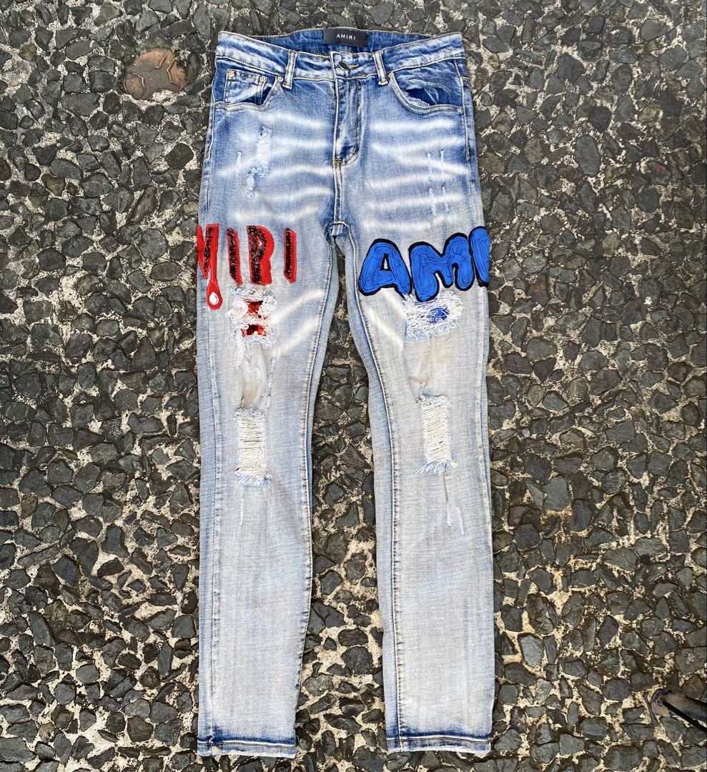 Amiri Distressed Jeans (Category: Luxury Apparel) located in Quezon City. Submitted by rebirthalley (Listing ID 1469465398, Image 1). Description: Width-28-30 Length-39 Frontrise-10 Inseam-28 Leg Opening-5 Excellent Condition No flaws.