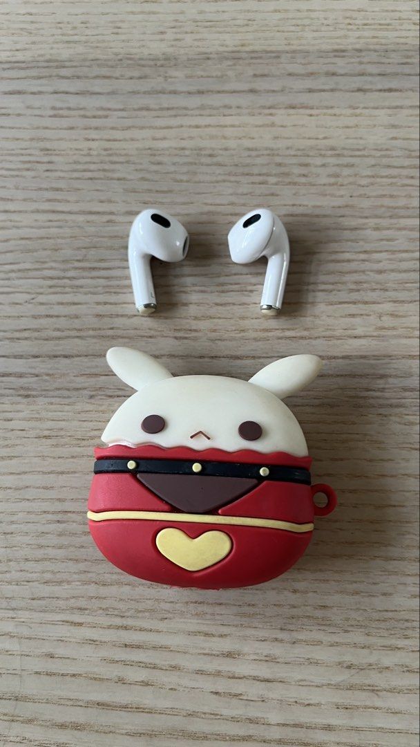 Apple AirPods 2 with Cute Bunny Silicone Case (Category: Headphones & Headsets) located in Calamba. Submitted by mochichee (Listing ID 1469419274, Image 2). Description: Inclusions: ✨ Apple AirPods 2nd gen (Complete pair: Left and Right pieces) ✨ Original capsule charging case ✨ FREEBIE: Genshin Dodoco Case ‼️ IMPORTANT PLS READ ‼️ Buds and capsule are working fine, but please note: ✨ Battery drains fast (both ear buds and capsule) ✨ Bought off F