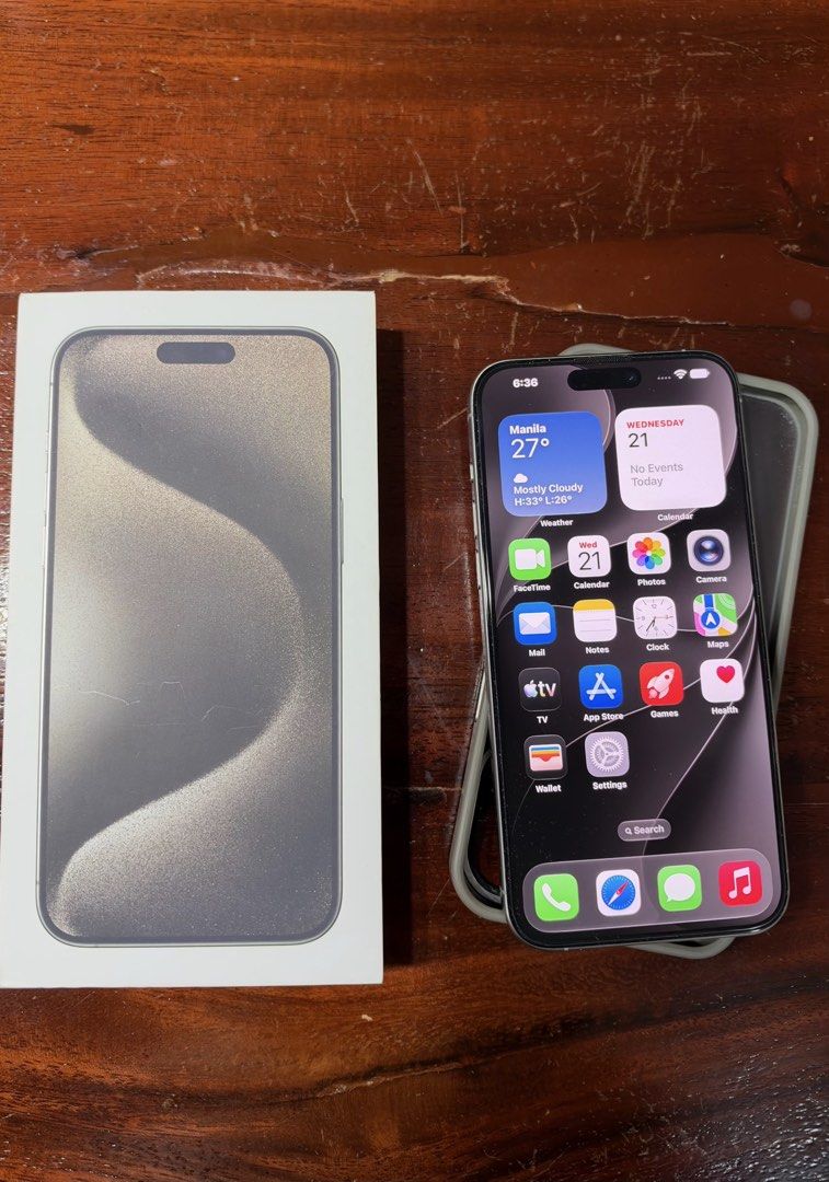 Apple FOR SALE iPhone 15 PRO MAX (Category: iPhone 15 Series) located in Quezon City. Submitted by macmini111106 (Listing ID 1469400483, Image 2). Description: Apple iPhone 15 PRO MAX, 256 gb, Silver/White natural Titanium Running IOS 27.0.1 Dual SIM (physical/eSIM) Factory unlock (open line) No SIM restriction Pristine condition Screen protector installed Battery health at 80% No scratch/dents No issues / all working Inclusions: -original box -p