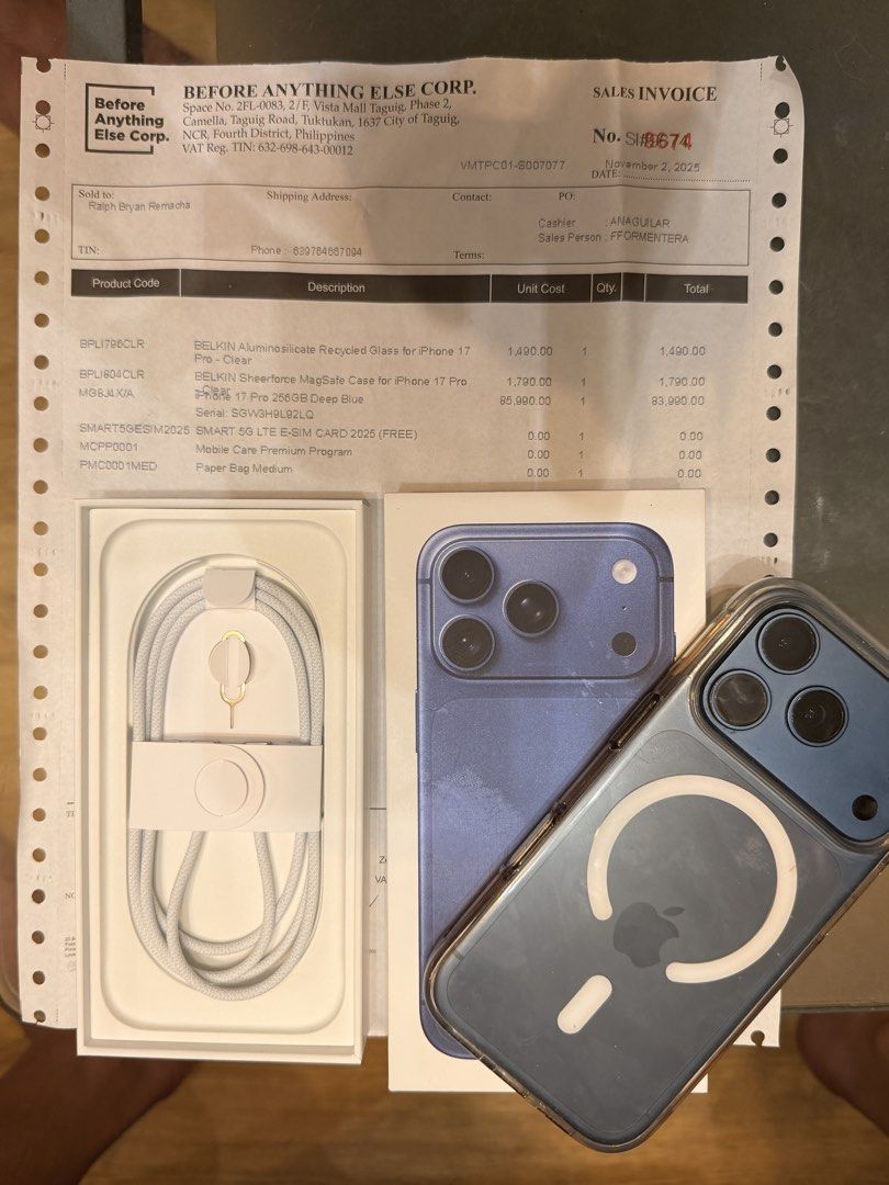Apple iPhone 17 Pro 256GB Deep Blue (Category: iPhone 17 Series) located in Taguig. Submitted by dadnextdoor (Listing ID 1469553596, Image 1). Description: - Model: Apple iPhone 17 Pro (256GB) - Color: Deep Blue - Condition: Pristine, like new - Inclusions: Official sales invoice, original box, charging cable, and SIM ejector pin - Extras: Belkin screen protector and Belkin MagSafe case already attached - Status: Fully ready for a new owner.