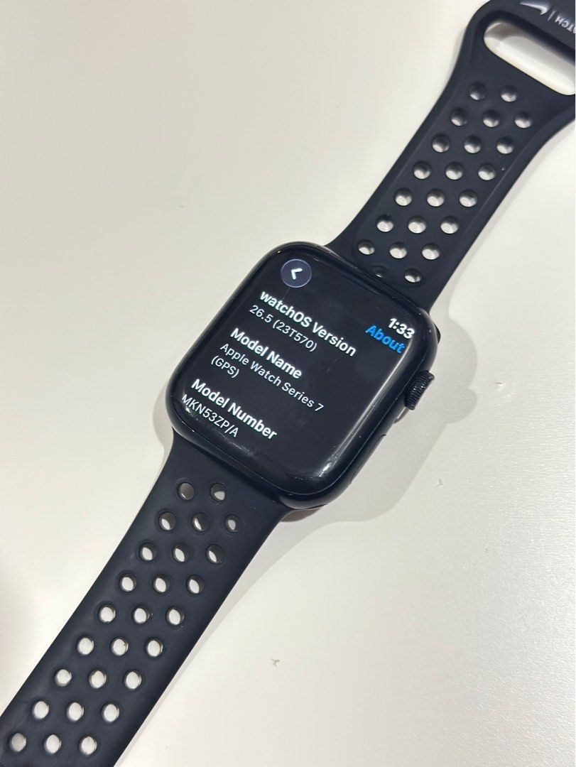 Apple Watch Series 7 GPS 45mm (Category: Wearables & Smart Watches) located in Bulacan. Submitted by declutterwithme32 (Listing ID 1469518008, Image 3). Description: - in very good condition - pass sa low ballers - replaced strap (orginal apple nike sport band worth 3k) - hairline scratch on screen (unnoticeable) - Battery Health: 90% / No issue with parts - Includes original charging cable, w/o box - j&t / lalamove / sm marilao / sm north meetup