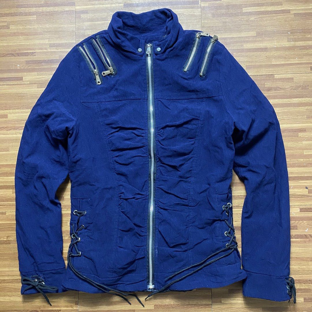 Archival jacket blue jacket with lace (Category: Coats, Jackets and Outerwear) located in Quezon City. Submitted by semantaryrave (Listing ID 1469549869, Image 1). Description: Archival multi zip with lace jacket Size- Small Width- 17 Length- 23 Good condition No issue .