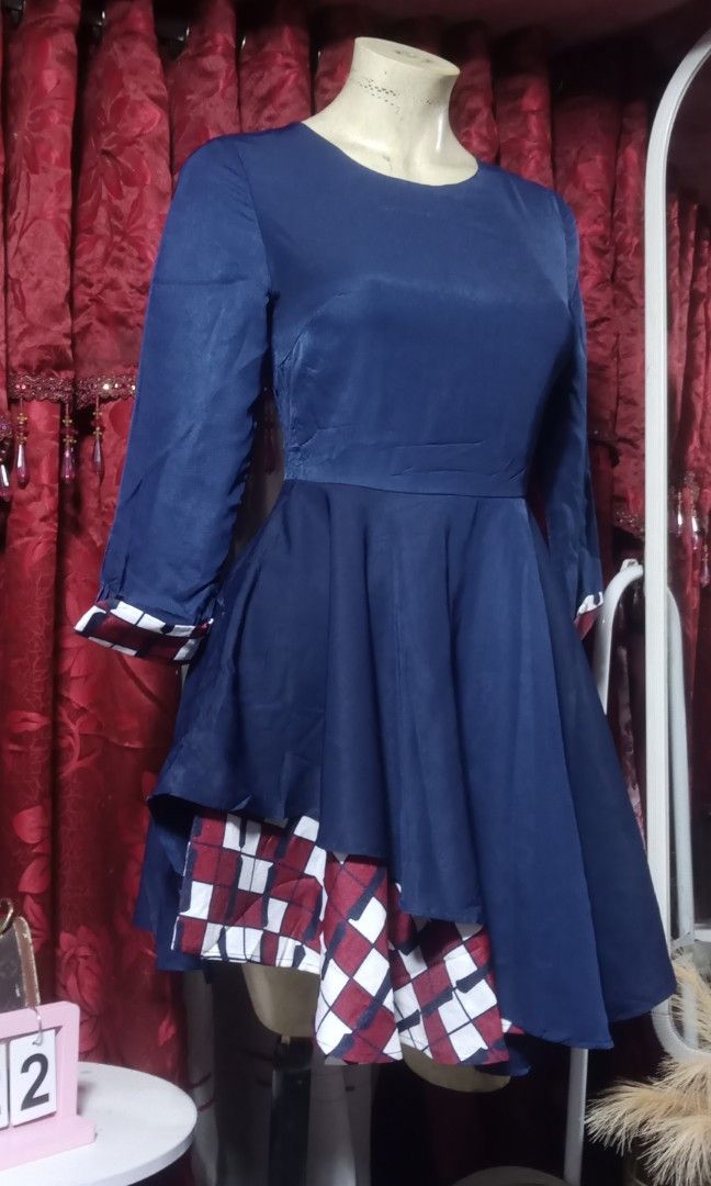 Ashlee patchwork dress (Category: Dresses) located in Manila. Submitted by wheneity67thifted (Listing ID 1469564431, Image 3). Description: This navy blue asymmetric skater dress features 3/4-length sleeves and a distinctive red and white plaid/checkered patchwork ruffle hem.