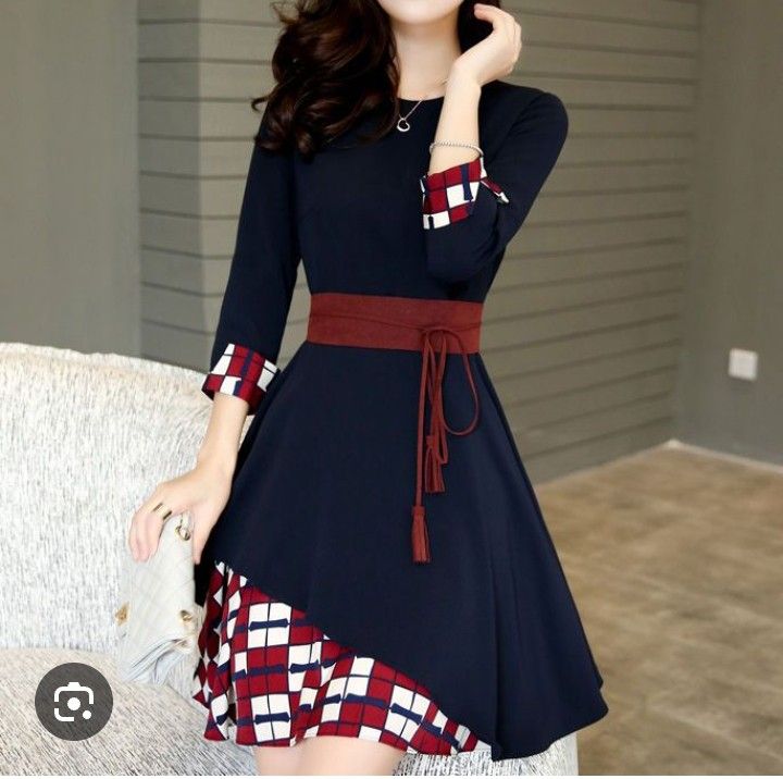Ashlee patchwork dress (Category: Dresses) located in Manila. Submitted by wheneity67thifted (Listing ID 1469564431, Image 1). Description: This navy blue asymmetric skater dress features 3/4-length sleeves and a distinctive red and white plaid/checkered patchwork ruffle hem.