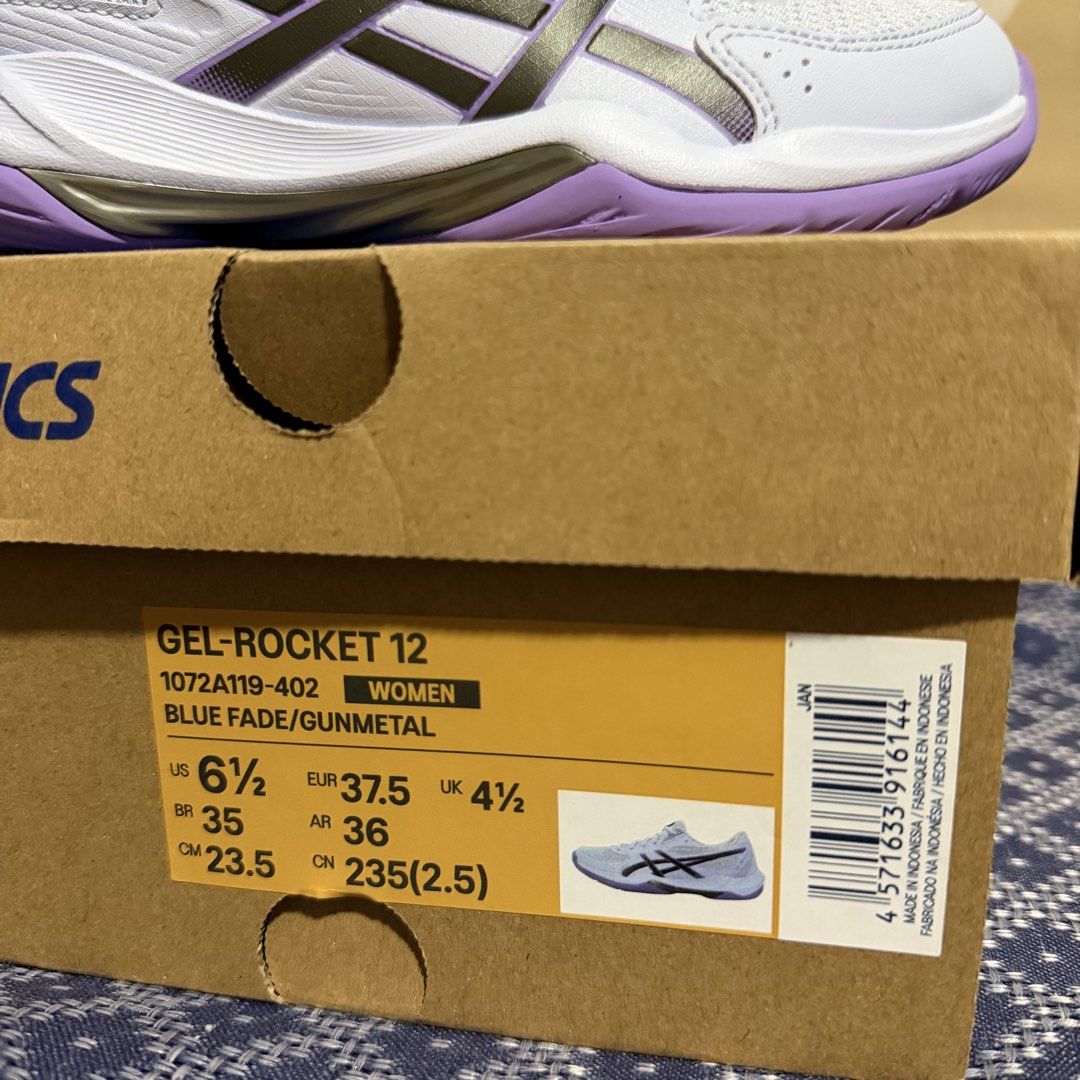 Asics Gel Rocket 12 (Category: Sneakers) located in Cainta. Submitted by thedeclutterchic (Listing ID 1469503734, Image 2). Description: Asics Gel Rocket 12 Size 6.5US Women's Blue Fade/Gunmetal Bought from Asics SM Megamall last October 18, 2026 Rfs: Needs a bigger size but the size 7 restock is delayed Selling at SRP.