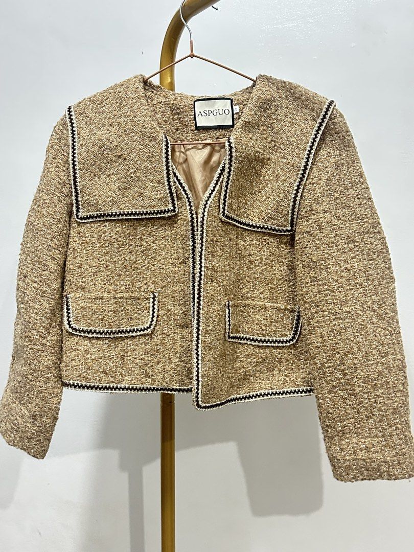 ASPGUO Tweed Sailor Collar Cropped Jacket (Category: Coats, Jackets and Outerwear) located in Pasig City. Submitted by Tatsiel (Listing ID 1469397952, Image 2). Description: - Brand/Style: ASPGUO textured tweed cropped jacket - Color: Warm tan with brown and white contrast trim - Design: Sailor collar and button-front closure - Features: Functional front pockets and fully lined interior - Fit: Cropped length, pairs perfectly with high-waisted bot