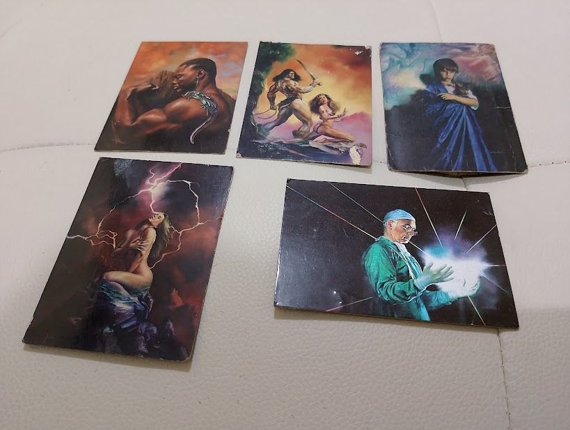 Assorted characters (Category: Raw Singles) located in Quezon City. Submitted by susmaryosep1 (Listing ID 1469483735, Image 3). Description: Lot of 5 vintage fantasy & sci-fi trading cards by Julie Bells - Features colorful, retro illustrations with warriors and surreal artwork - Condition: Shows minor edge wear and creasing due to age - Ideal for retro art and trading card collectors - Sold strictly as a bundle 1k.