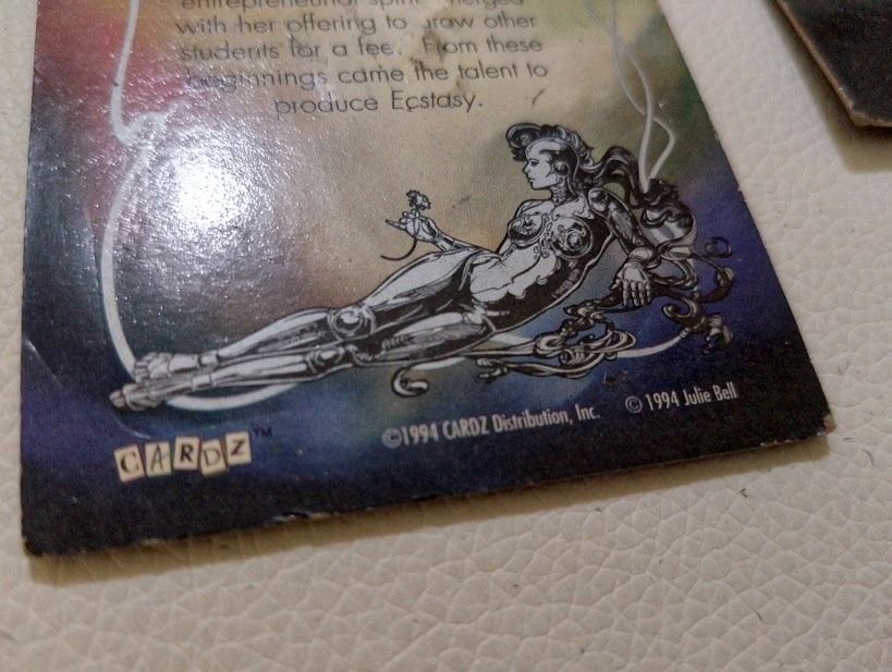 Assorted characters (Category: Raw Singles) located in Quezon City. Submitted by susmaryosep1 (Listing ID 1469483735, Image 2). Description: Lot of 5 vintage fantasy & sci-fi trading cards by Julie Bells - Features colorful, retro illustrations with warriors and surreal artwork - Condition: Shows minor edge wear and creasing due to age - Ideal for retro art and trading card collectors - Sold strictly as a bundle 1k.