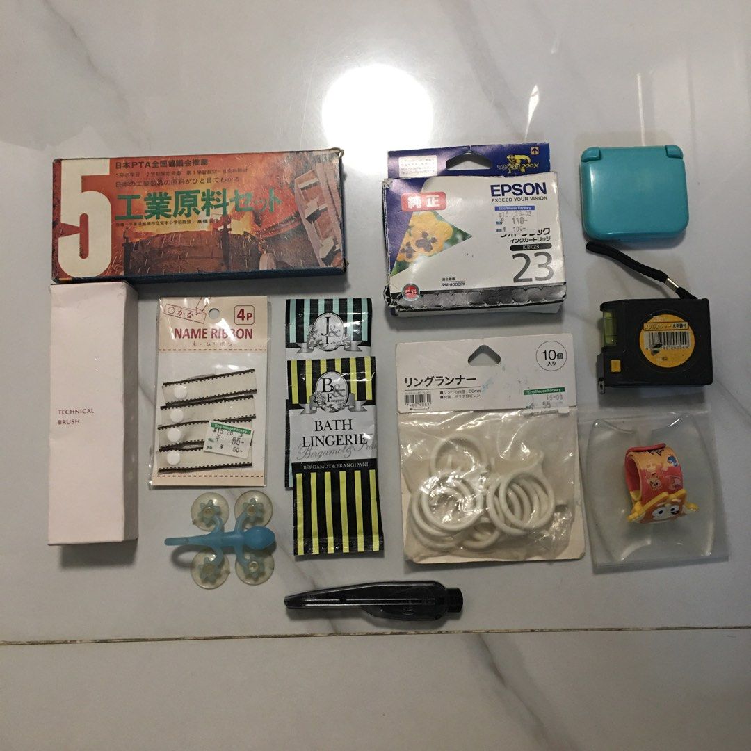 Assorted (BP002) Japanese stationery craft items bundle (Category: Everything Else Others) located in Pasay City. Submitted by gilbertso62551 (Listing ID 1469484010, Image 1). Description: - Take all - As is,where is - Assorted bundle of useful items, mostly unused in original packaging - Features Japanese labels and price tags - Includes name ribbons and Epson ink cartridge #23 - Comes with curtain ring runners - Includes 3M tape measure with bu