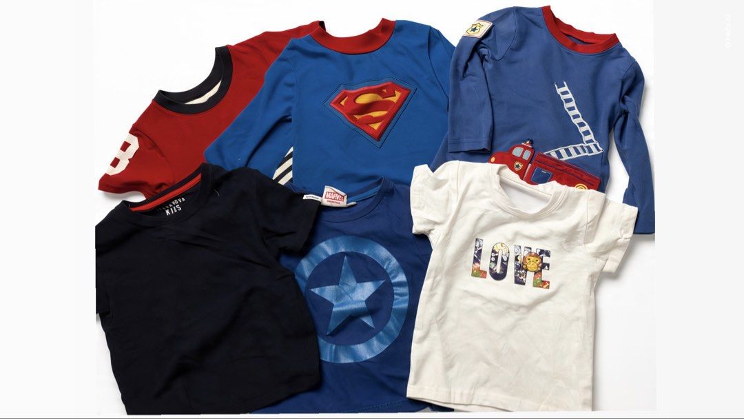 Assorted Kids T-Shirts and Long Sleeves Bundle (Category: Babies & Kids Fashion) located in Las Pinas. Submitted by yourboki.2026 (Listing ID 1469410726, Image 1). Description: - Bundle includes 6 kids tops - Features Superman, Captain America, fire truck, and LOVE graphics - Mix of short sleeve and long sleeve shirts - Colors: blue, red, black, and white - Great for everyday casual wear.
