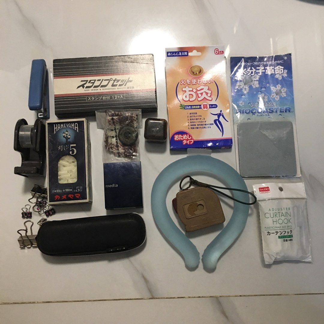 Assorted (BP003) Stationery Household Items Bundle (Category: Everything Else Others) located in Pasay City. Submitted by gilbertso62551 (Listing ID 1469486384, Image 1). Description: - Take all - As is,where is - Miscellaneous utility bundle for home, office, and crafts - Includes Hameyama candles, Daiso curtain hooks, and moxa heat patches - Comes with stationery essentials: blue handheld stapler, tape dispenser, and stamps - Also includes a wa