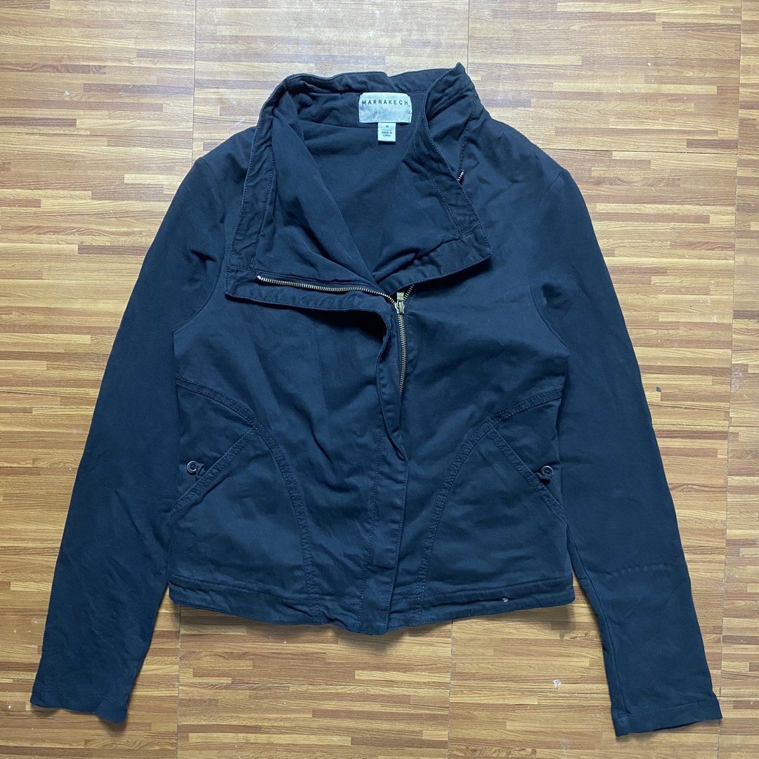 Asymmentrical highneck jacket (Category: Coats, Jackets and Outerwear) located in Quezon City. Submitted by semantaryrave (Listing ID 1469549780, Image 1). Description: Asymmentrical high neck jacket Size- Medium Width- 18 Length- 23 Good condition Issue stain .