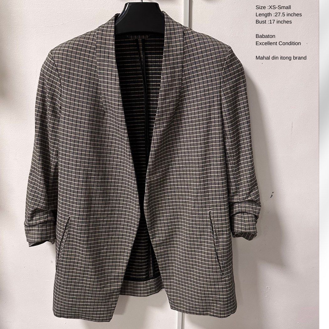 Babaton Plaid Open-Front Blazer - Excellent Condition (Category: Coats, Jackets and Outerwear) located in Baguio. Submitted by lctrendz (Listing ID 1469512908, Image 1). Description: Woven plaid blazer. Open-front design, shawl collar, ruched 3/4 sleeves, and side welt pockets. Unlined with clean interior binding. Brand: Babaton (Aritzia) Condition: Excellent Condition Size: XS–Small (Tag size: 0) Price: ₱1,200 ( Measurements: Bust: 17 inches (pi
