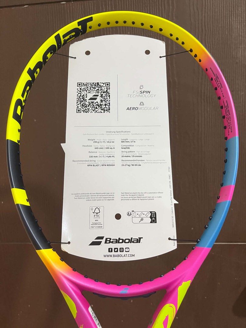 Babolat Aero Rafa 2023 (Category: Racket and Ball Sports) located in Batangas. Submitted by thrift.lab (Listing ID 1469514646, Image 2). Description: Babolat Pure Aero Rafa (290g) 3 : 4 3/8 (Grip 3). Racket Specifications (Unstrung) * Weight: 290 g / 10.2 oz * Head Size: 645 cm² / 100 sq. in. * Length: 685 mm / 27 in * Balance: 330 mm (+/- 7) / 4 pts HL * String Pattern: 16 mains / 19 crosses * Composition: Graphite Selling for 13k negotiable pa 