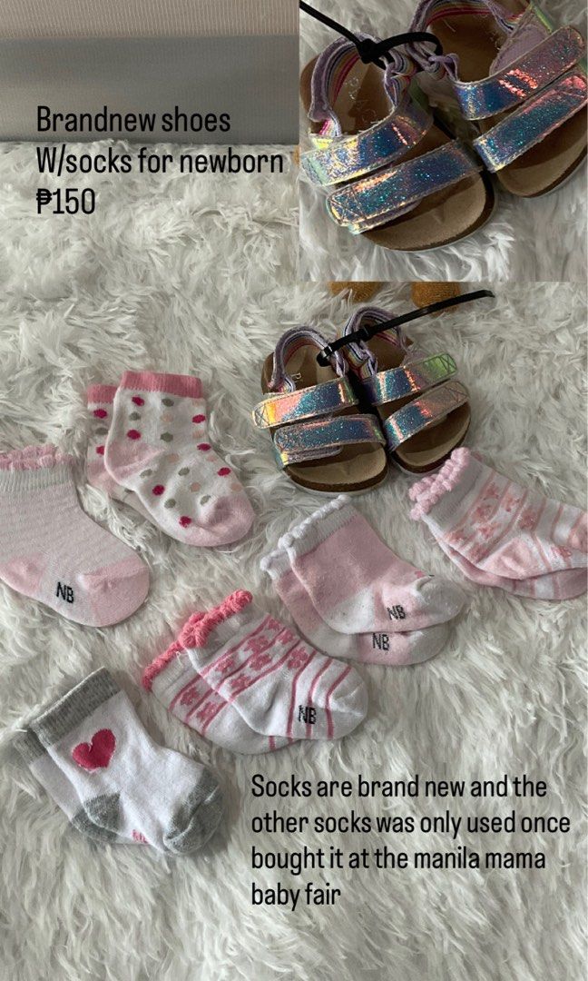 Baby Sandals and Newborn Socks Set (Category: Babies & Kids Fashion) located in Cainta. Submitted by linelle. (Listing ID 1469534321, Image 1). Description: - Items: Sparkly holographic sandals + multiple pairs of newborn socks - Condition: Shoes are brand new; socks range from brand new to used just once - Size: NB (Newborn) - Color/Design: Mostly pink and white with polka dots, stripes, and heart prints - Source: Bought directly from the Manila