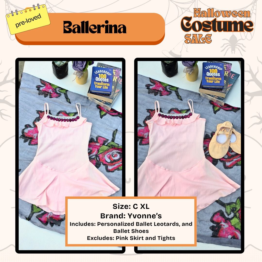 Ballet Leotard (Category: Babies & Kids Fashion) located in Paranaque City. Submitted by prettykelle (Listing ID 1469410832, Image 1). Description: - Item: Yvonne's Ballet Leotard (Ballerina) - Color: Pink - Size: C XL - Includes: Personalized leotard with purple bead details on the neckline and ballet shoes (size 29) - Condition: Pre-loved, well-kept - Note: Pink skirt and tights are NOT included Location: BLS, Paranaque City MOP: GCash / BPI / 