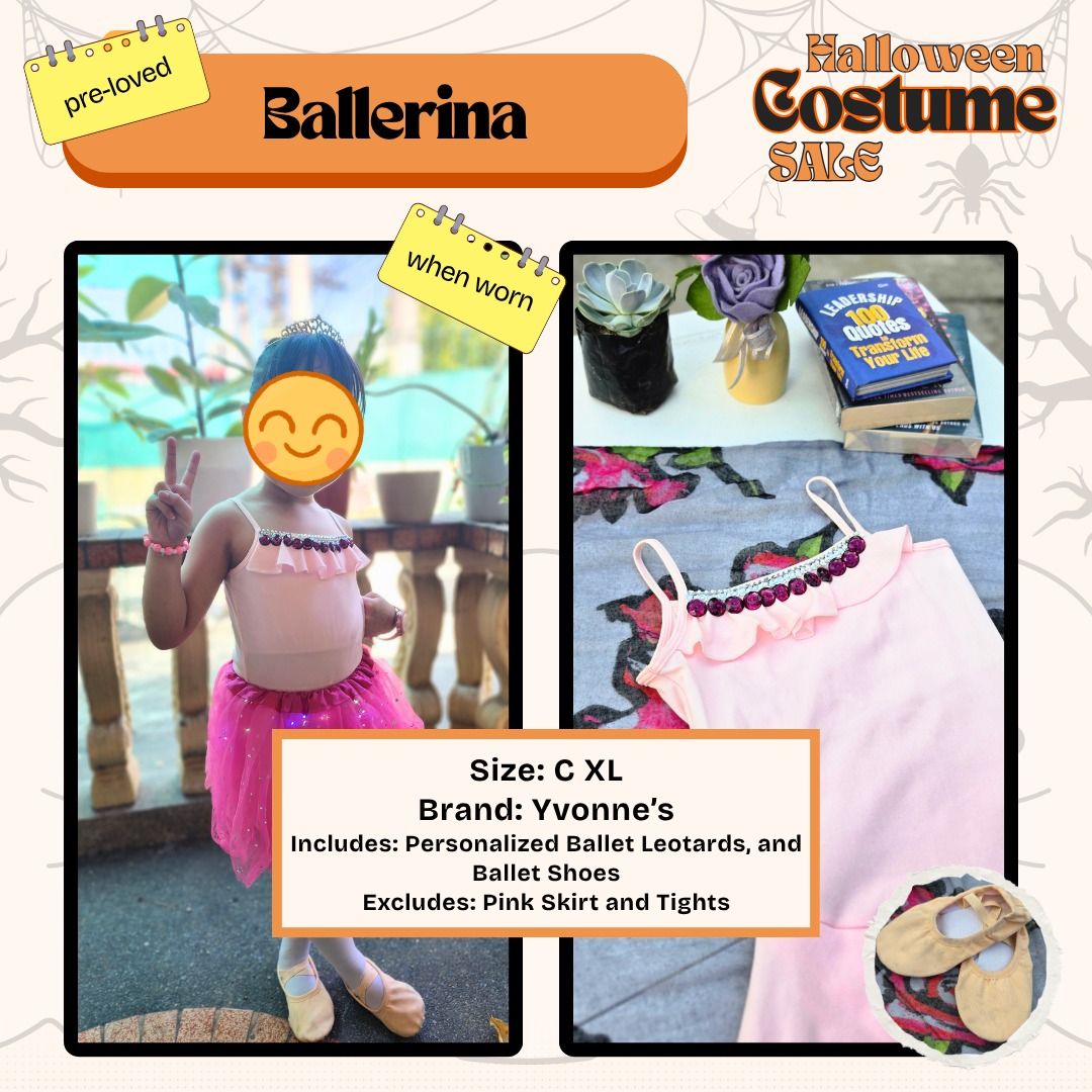 Ballet Leotard (Category: Babies & Kids Fashion) located in Paranaque City. Submitted by prettykelle (Listing ID 1469410832, Image 2). Description: - Item: Yvonne's Ballet Leotard (Ballerina) - Color: Pink - Size: C XL - Includes: Personalized leotard with purple bead details on the neckline and ballet shoes (size 29) - Condition: Pre-loved, well-kept - Note: Pink skirt and tights are NOT included Location: BLS, Paranaque City MOP: GCash / BPI / 