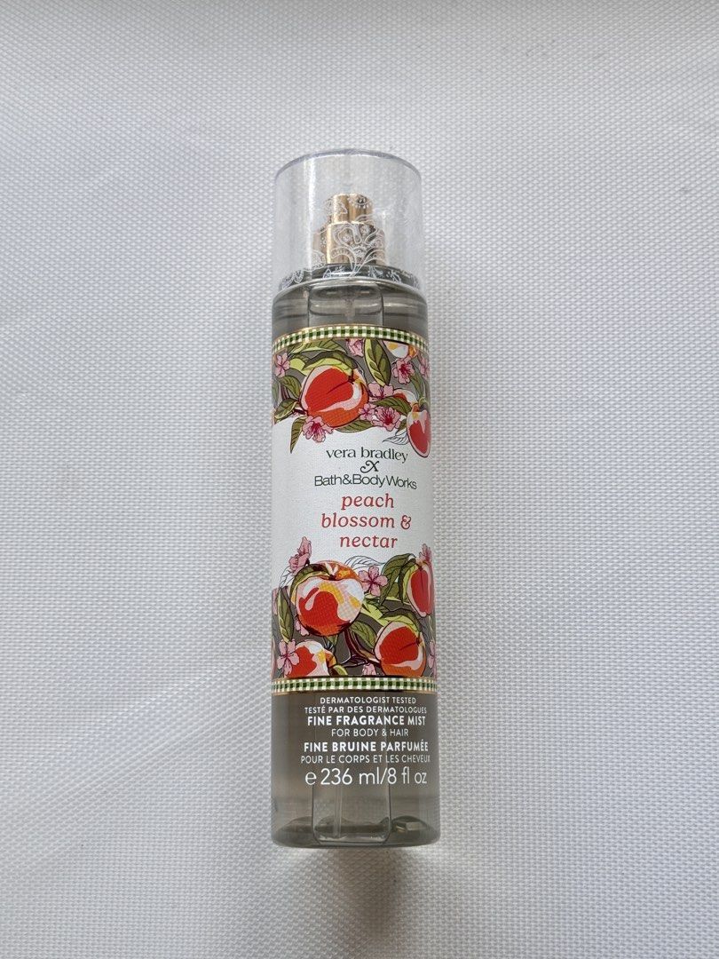Bath & Body Works Vera Bradley Peach Blossom & Nectar (Category: Fragrance & Deodorants) located in Tanza. Submitted by itsmeninice (Listing ID 1469522039, Image 1). Description: - Authentic Bath & Body Works x Vera Bradley collaboration fine fragrance mist - Scent: Sweet peach blossom and nectar (fruity floral aroma) - Size: Full 8 fl oz / 236 ml bottle with clear cap and spray nozzle - Safe for both body and hair use - Dermatologist-tested form