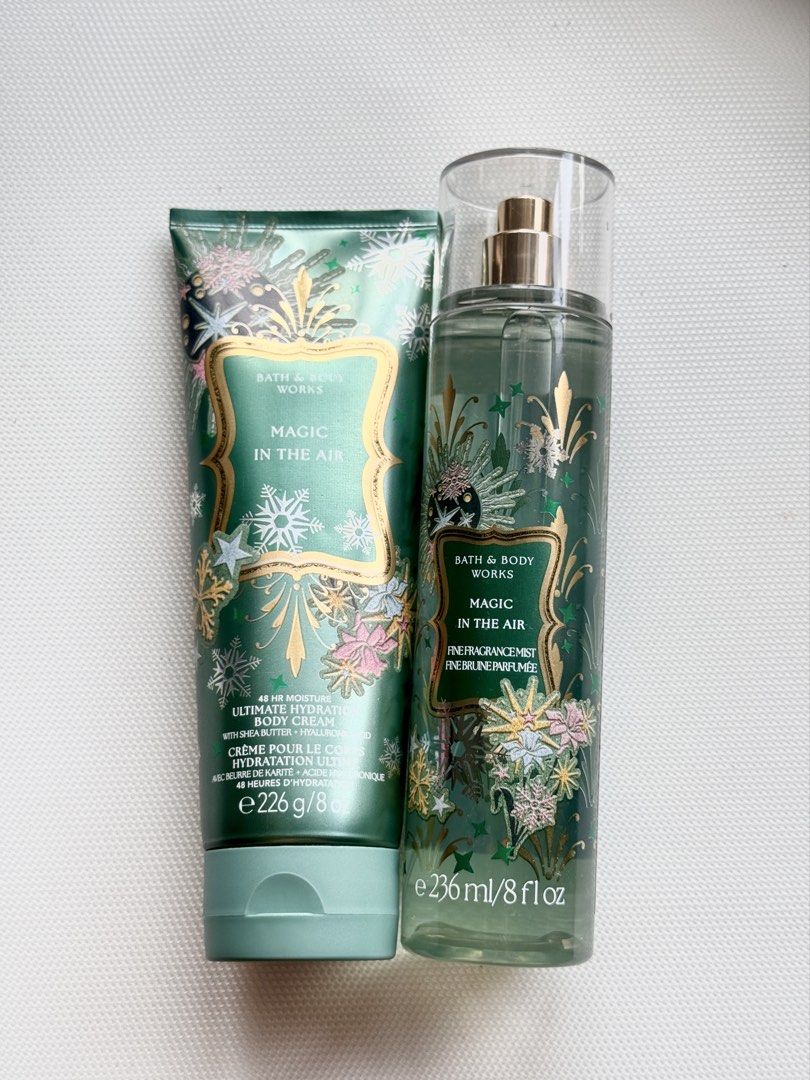 Bath and Body Works Magic in the Air Set (Category: Body Care) located in Tanza. Submitted by itsmeninice (Listing ID 1469522042, Image 1). Description: - 100% Authentic Bath & Body Works gift set - Scent: Magic in the Air - Includes: 8 oz Ultimate Hydration Body Cream (with shea butter & hyaluronic acid) - Includes: 8 fl oz Fine Fragrance Mist - Condition: Brand new, full-size, and unused - Packaging: Limited edition green holiday design with sn