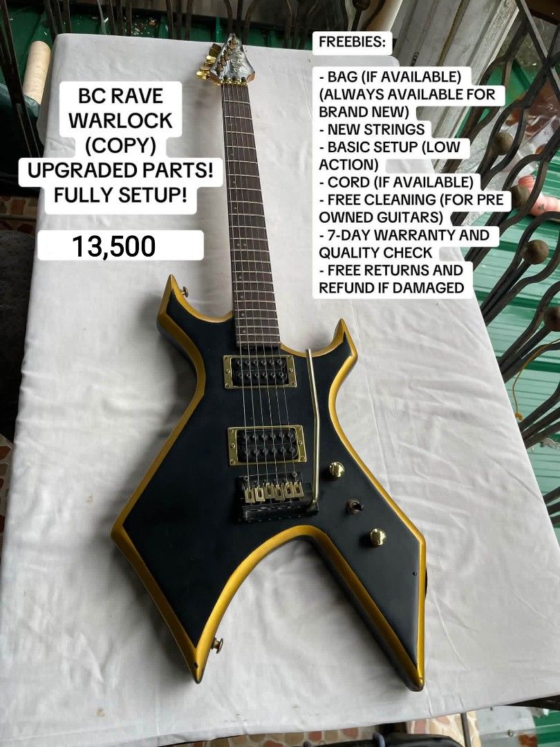 BC Rave Warlock Copy Electric Guitar (Category: Musical Instruments) located in General Santos City (Dadiangas). Submitted by jay_roa (Listing ID 1469531352, Image 1). Description: - Model: BC Rave Warlock electric guitar - Color: Black body with elegant gold trim and hardware - Setup: Fully setup with low action for comfortable playing - Upgrades: Premium upgraded parts installed - Inclusions: Brand new strings, guitar cord, and free professiona
