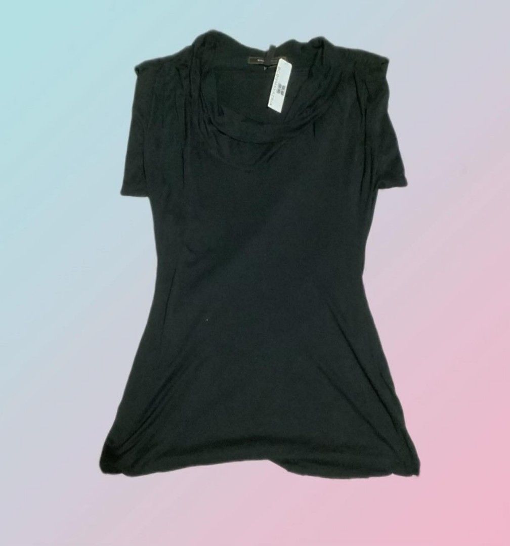 BCBG Black Cowl Neck Blouse (Category: Blouses) located in Paranaque City. Submitted by calm_youngstore7 (Listing ID 1469401795, Image 3). Description: - Brand: BCBG - Color: Classic Black - Neckline: Draped cowl neck - Details: Short sleeves with gathered shoulder accents - Material: Soft and stretchy fabric - Sizes available: Small (S) and Medium (M) - Condition: Brand new with tags attached (on one piece) - Styling: Versatile piece, easy to dr