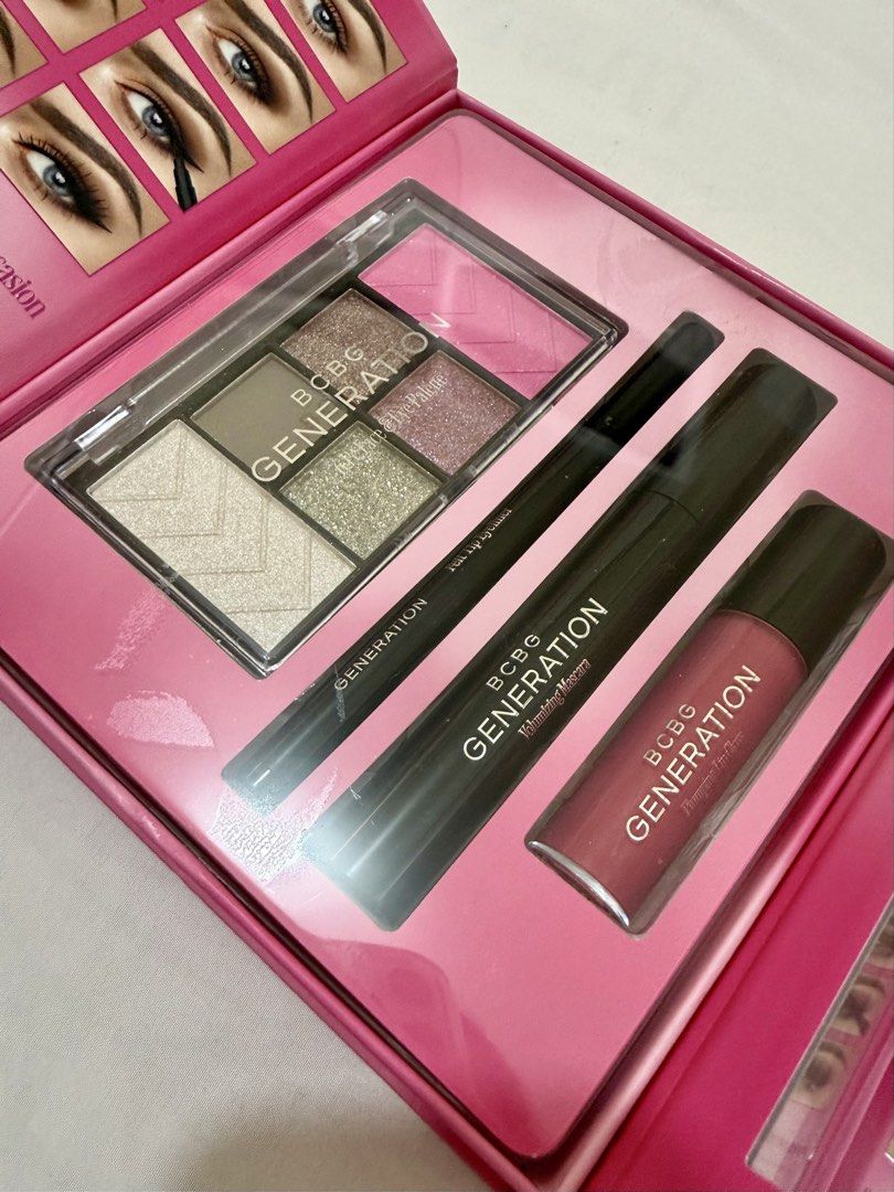 BCBG Generation Essential Face Set Makeup Kit (Category: Makeup) located in Bacoor. Submitted by shop.closetcleanup (Listing ID 1469533748, Image 3). Description: - Brand: BCBG Generation - Condition: Brand new, no longer sealed but original packaging intact - Includes: Face & eye palette, felt tip eyeliner, volumizing mascara, and plumping lip color - Features: Cute pink box with a built-in mirror - Perfect for: Creating effortless everyday look